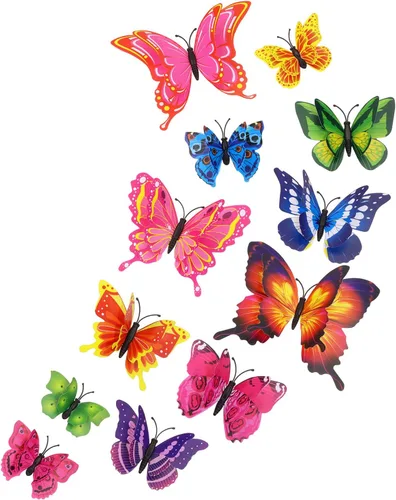 Miniatura 10 de Tupalizy 12 calcomanías de pared de mariposa 3D de alas dobles, calcomanías de bricolaje para decoración de ventanas, refrigerador, dormitorio
