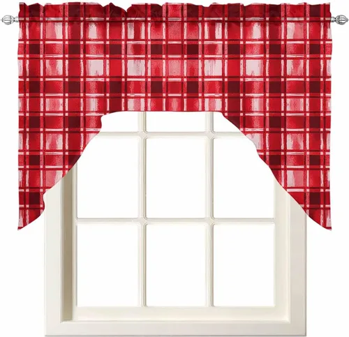 Cortinas de cocina con cenefa roja a cuadros de acuarela, cenefa con bolsillo para barra, paneles de cortina para dormitorio, sala de estar, baño,