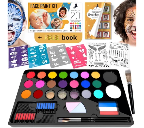 Kit de pintura facial para niños, 20 colores lavables, sin manchas, pinturas de más de 60 caras, tiza para el cabello, purpurina, pinceles,