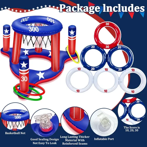 Miniatura 3 de Juego de juguetes de piscina con la bandera estadounidense, aro inflable de baloncesto flotante 2 en 1 y juego de piscina inflable para lanzar