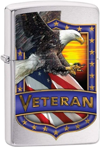 Zippo Encendedor: Escudo veterano con águila - cromo cepillado 79983