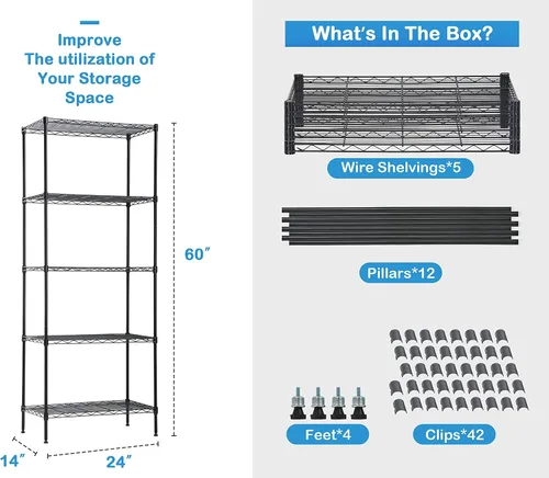 Miniatura 2 de Estantería de metal de 5 estantes, altura ajustable, estante de alambre comercial con patas niveladoras, capacidad de 150 libras por estante, 24 x