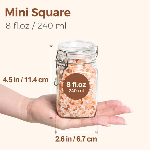 Miniatura 2 de ComSaf Juego de 12 tarros cuadrados de vidrio con tapas herméticas (8 onzas), recipientes de despensa para especias, mermeladas y hierbas, tarro