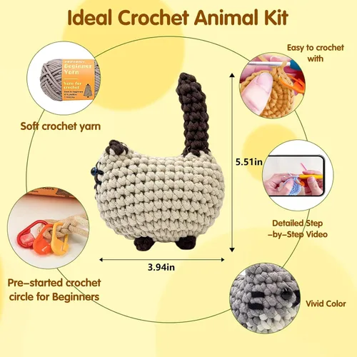 Miniatura 4 de Zepiany Kit de ganchillo para principiantes, kit de ganchillo para principiantes, kit de ganchillo para adultos, Amigurumi Crochet Animals Cat Kit