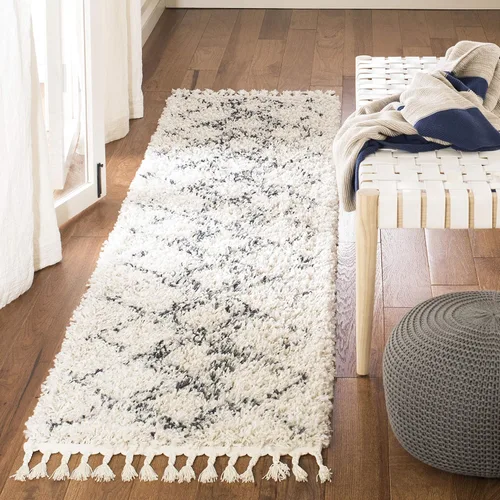 Miniatura 2 de SAFAVIEH Pro Luxe Shag Collection - Alfombra de pasillo, 2 pies 6 pulgadas x 6 pies, color crema y azul, diseño de borlas bohemias, no desprende