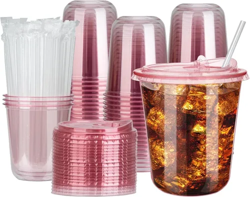 Miniatura 8 de 100 juegos de vasos de plástico desechables de 16 onzas sin tallo con tapas para sorber sin pajilla, tazas de café PET transparentes para café
