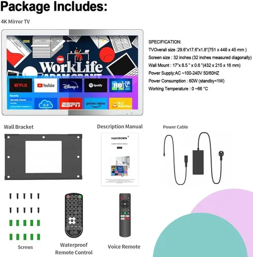 Miniatura 8 de Haocrown Espejo de baño inteligente 4K Ultra HD de 32 pulgadas, resistente al agua IP66, asistente de voz integrado con sistema operativo Android 13