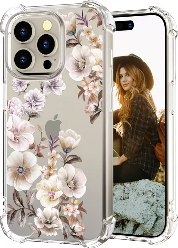 Miniatura 36 de Hungo Funda compatible con iPhone 15 Plus para mujer, diseño floral transparente, lindo, flor azul rosa Rosas Azules
