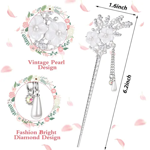 Miniatura 2 de Chuangdi 2 palillos chinos para el cabello para mujer, palillos de pelo plateado con diamantes de imitación, horquilla japonesa vintage, perla