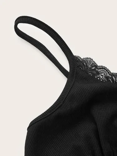 Miniatura 3 de MakeMeChic Camiseta corta sin mangas con cuello en V y ribete de encaje Y2K para mujer