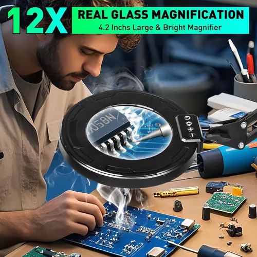 Miniatura 3 de Lupa de 12 veces con luz y soporte, brazo oscilante de 3 secciones ultradelgado, lupa iluminada para manos que ayudan, lámpara de escritorio LED