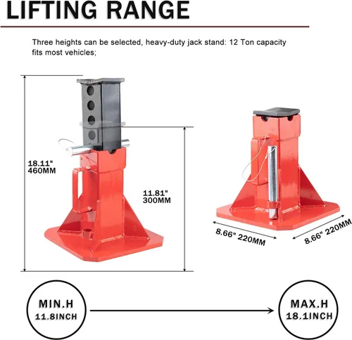 Miniatura 4 de 12 toneladas (26,400 lbs) soportes de gato de pinza profesional resistente para autos con bloqueo, altura ajustable hasta 18" para apoyar camiones