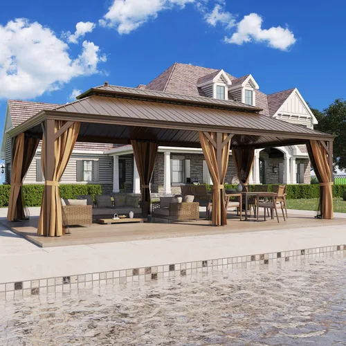 Miniatura 29 de Cenador de techo rígido de 12'x16', Cenador de patio de aluminio para exteriores con toldo de acero galvanizado de doble techo con malla y cortinas
