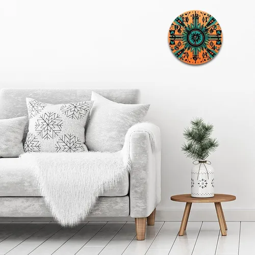 Miniatura 3 de Reloj de madera con motivo de arte tribal naranja brillante, turquesa, azul y azul, patrón tribal del suroeste, cuarzo decorativo de madera, sin