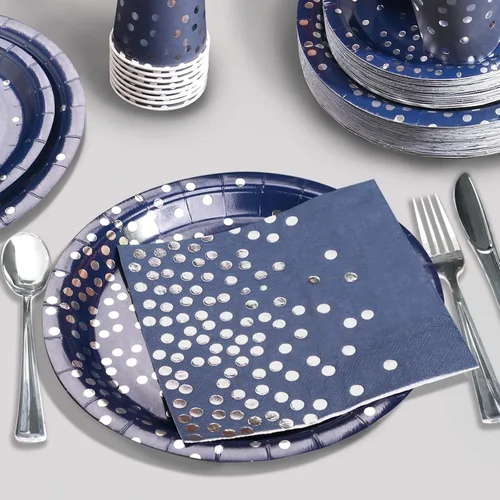 Miniatura 5 de 350 platos y servilletas azul marino para fiestas, platos de papel azul marino con cubiertos de plástico para 50 invitados, platos de cumpleaños