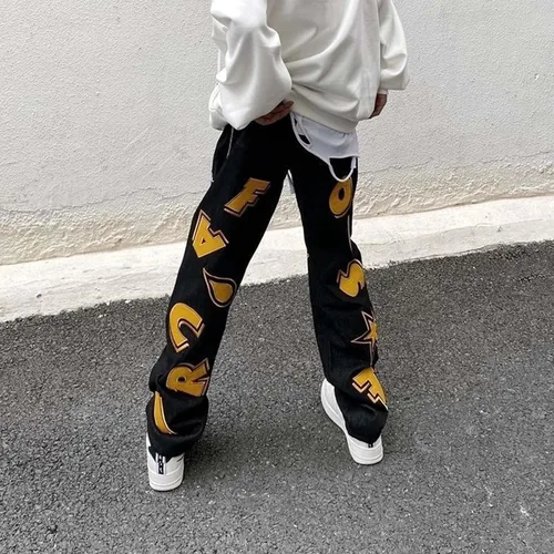 Miniatura 10 de Harajuku - Jeans para hombre con letras estampadas, rectos, holgados, para otoño e invierno, jeans engrosados, jeans góticos