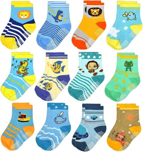 Miniatura 47 de Tphon Calcetines para niños pequeños con empuñaduras, 12 pares de calcetines antideslizantes de algodón para niños y niñas de 1 a 7 años