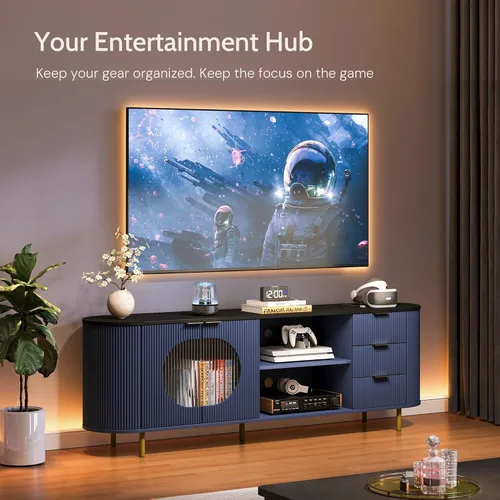Miniatura 7 de Soporte de TV curvado de 69 pulgadas con puertas acrílicas onduladas y gran almacenamiento, consola multimedia moderna para televisores de hasta 80