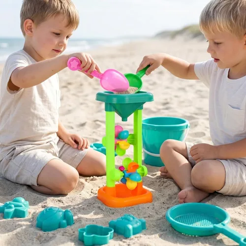 Miniatura 8 de Rueda de agua de arena: reloj de arena de juguete de playa para niños, doble embudo giratorio, torre de derrame con palas para patio trasero, caja