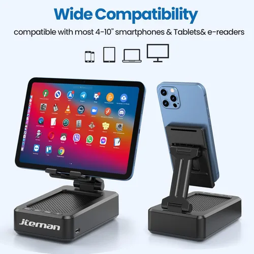Miniatura 5 de JTEMAN Soporte para teléfono celular con altavoz Bluetooth, sonido estéreo HD y base antideslizante, soporte plegable ajustable para teléfono de Azul