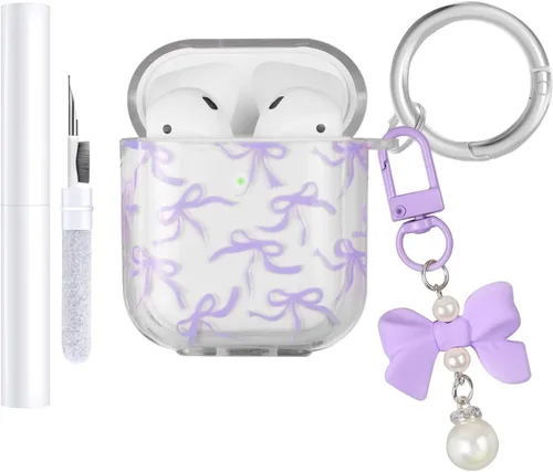 Miniatura 9 de Funda compatible con AirPods, funda de TPU suave con bonito patrón de flores para AirPods de 2 y 1 generación con llavero colgante y mosquetón