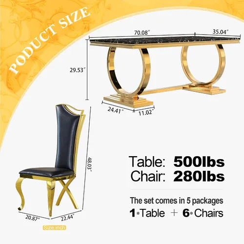 Miniatura 2 de Juego de mesa de comedor de mármol de 70 pulgadas para 6, mesa de cocina grande y sillas de cuero negro, mesas de comedor modernas negras y doradas