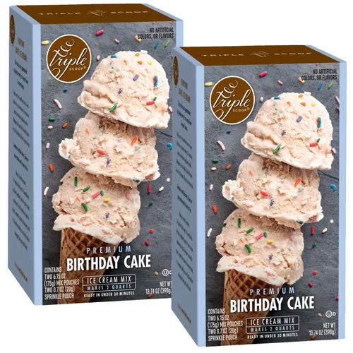 Triple Scoop - Pastel de cumpleaños prémium (2) mezcla de helado para hacer helados. Simple, fácil, delicioso. De mezcla gourmet a máquina en 5