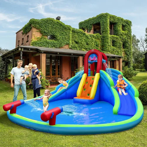 Miniatura 2 de HONEY JOY Toboganes acuáticos inflables, casa de rebote para niños con toboganes largos, pared de escalada y piscina grande para salpicaduras