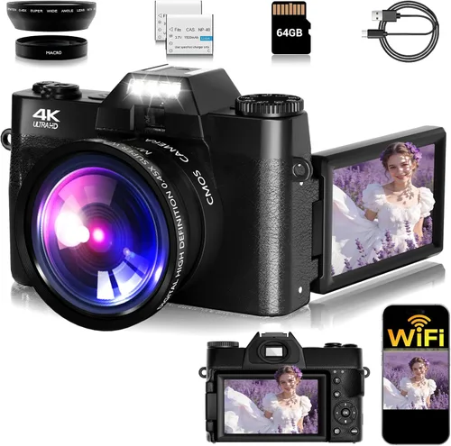 Cámara digital, 75MP WiFi 4K Vlogging cámara de video para YouTube con pantalla abatible de 180° de 3 pulgadas, tarjeta SD de 64 GB, antivibración,