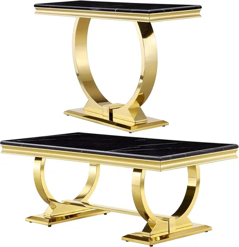 Miniatura 14 de ACEDÉCOR Moderno juego de mesa de centro de 4 piezas, dorado, mesa de mármol sintético, incluye mesa auxiliar, 2 mesas auxiliares, mesa consola, Oro