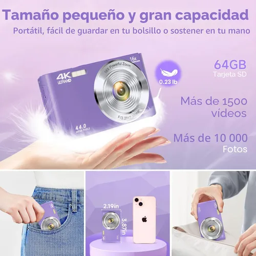 Miniatura 6 de Cámara digital para adolescentes, cámara digital FHD 4K 44MP color púrpura con tarjeta SD de 64GB, zoom digital 16X, cámaras para fotografía, cámara