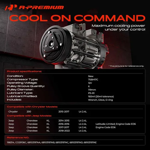 Miniatura 2 de A-Premium Compresor de aire acondicionado de CA con embrague compatible con Jeep Cherokee 2.4L 2014-2022, Chrysler 200 2.4L 2015-2017