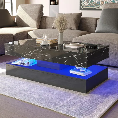 HOMFAMILIA - Mesa de café LED con 2 cajones de almacenamiento, mesa de café moderna de alto brillo en negro con luces LED de 20 colores, mesa