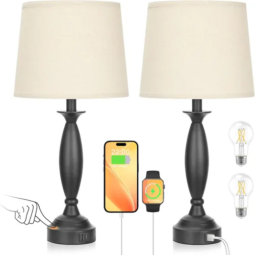 Miniatura 13 de Juego de 2 lámparas blancas para dormitorio, lámpara de noche de control táctil con USB C+A, lámparas de mesita de noche regulables de 3 vías