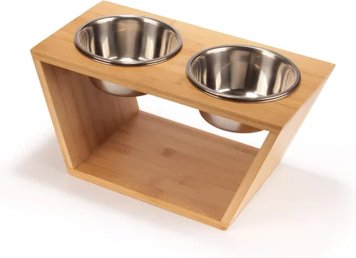 Miniatura 4 de BambooMN Comedero elevado para perros, soporte 100% bambú, 4 cuencos de metal para comida y agua, mediano
