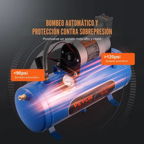 Miniatura 3 de VEVOR Compresor de aire de 12 V con tanque de 1.6 galones, compresor de bocina de tren, presión de trabajo de 120 psi, neumáticos inflados, Azul