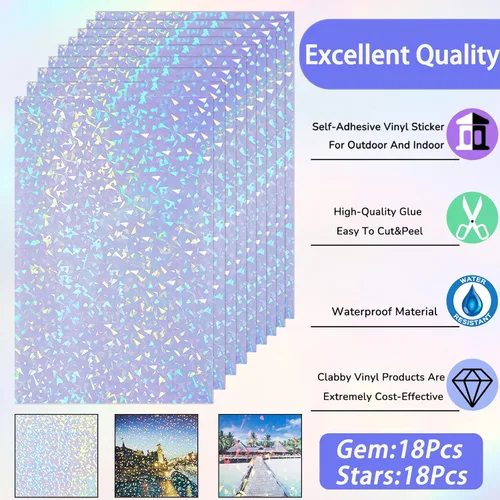Miniatura 3 de Clabby 36 hojas de papel adhesivo holográfico A4, láminas laminadas holográficas de vinilo, autoadhesivas, impermeables, transparentes, 11.7 x 8.3