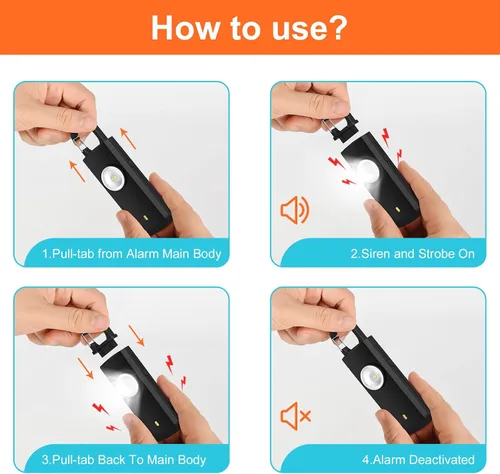 Miniatura 6 de Alarma recargable por USB de autodefensa, sirena fuerte de 130 dB con luz estroboscópica LED, diseño de llavero para un transporte más fácil, alarma