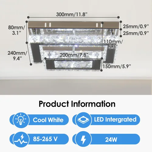 Miniatura 3 de Finktonglan Lámpara LED de techo empotrada de cristal, LED integrado de 24 W, luz blanca fría de 6500 K luz de día, cristal K9 rectangular y acero
