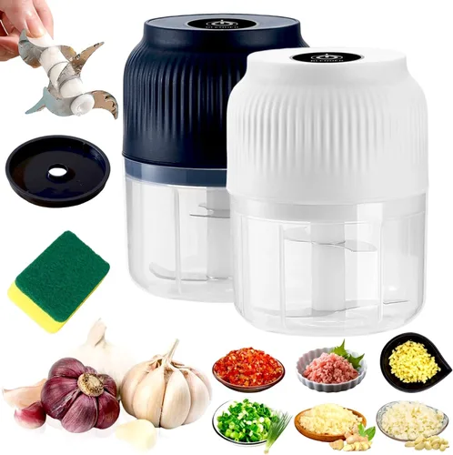 Miniatura 10 de Picadora eléctrica de ajo de capacidad de 10.1 fl oz, mini cortador de verduras portátil, 4 cuchillas afiladas de acero inoxidable, mini picadora