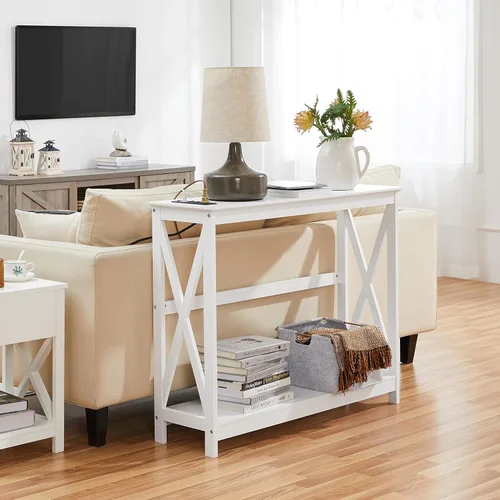 Miniatura 4 de Yaheetech Mesa Consola de 40" con 2 Tomacorrientes y 2 Puertos USB, Mesa de Entrada de Madera con Diseño en Forma de X, Mesa Angosta para Sofá