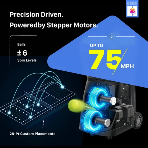 Miniatura 3 de Máquina de pelotas de tenis PT-Smart: control de aplicación con 12 modos de entrenamiento incorporados, giro de 6 niveles, 28-Pt, 75 MPH, 32.6