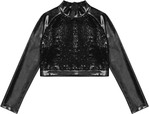 Miniatura 3 de JEATHA Camiseta corta de manga larga con lentejuelas brillantes para niños y niñas, con cuello alto falso, camisetas atléticas de jazz hip-hop