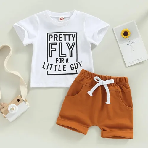 Miniatura 41 de Conjunto de traje de verano para bebé niño pequeño, manga corta, cuello redondo, letras impresas, lindo traje de verano, conjunto de 2 piezas