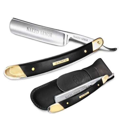 Maquinilla de afeitar recta negra, maquinilla de afeitar de borde recto lista para afeitar, acero japonés + madera bíblica recta para hombres,