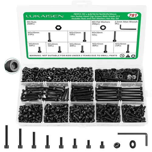 Miniatura 27 de Surtido de 1500 piezas de tornillos, tuercas y arandelas, kit de pernos y tuercas métricos M2 M3 M4 M5 M6 con cabeza hexagonal de casquillo, acero