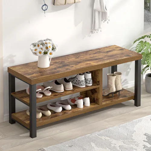 Miniatura 10 de EXCEFUR Banco de entrada industrial, banco rústico de almacenamiento de botas para interiores con asiento para sala de estar, gris