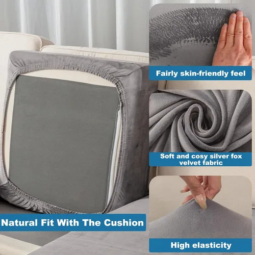 Miniatura 5 de Funda para Sofá de Terciopelo Elástico Funda de Cojín de Sofá de 1 Pieza - Funda Deslizable Elástica Lavable para Asiento o Respaldo, Fundas de Gris