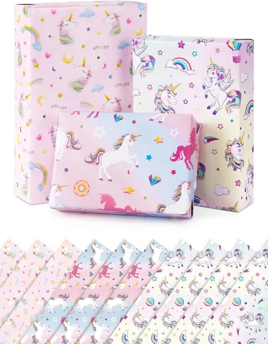 WERNNSAI Papel de Regalo de Unicornio - 10 Hojas 20'' x 27'' Papel de Regalo de Unicornio Diseño de Princesa Rosa para Suministros de Empaque de