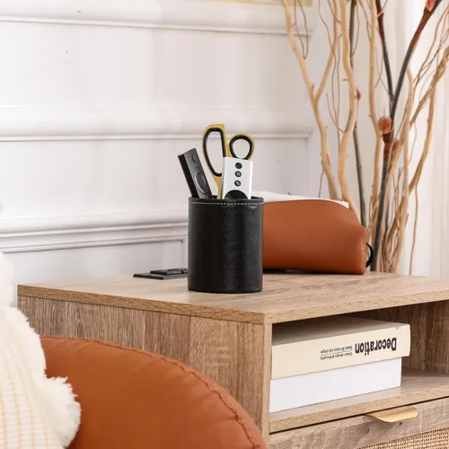 Miniatura 7 de Soporte para bolígrafo para escritorio, soportes de lápiz de cuero PU para cosméticos suministros de oficina, organizador de escritorio negro PH107